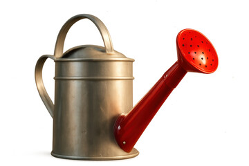 Metal Watering Can with Red Spout on Transparent Background