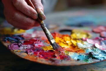 Fototapeta premium Artists hand holding a brush, blending vibrant paints on a palette, creating a rich and textured artistic expression