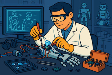 Robotics engineer or scientist building an advanced humanoid robot arm in a modern research lab.