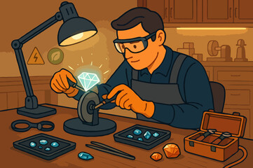 Jeweler or gemologist cutting and polishing a brilliant diamond, a skilled craftsmanship vector illustration.