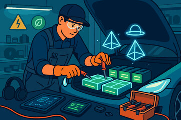 Futuristic car mechanic working on an electric vehicle's battery in a modern repair shop.

