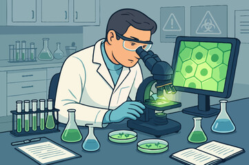 Scientist or biologist in a lab using a microscope to study cells and genetic engineering.
