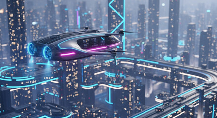 Sleek Air Taxi with Luminous Blue and Magenta Lights Soars Over a Futuristic Metropolis
