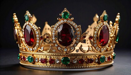 Opulent Royal Crown Adorned with Gemstones and Exquisite Details on Dark Background