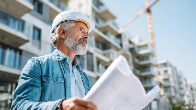 Construction Visionary: An experienced construction worker, clad in a hard hat and denim jacket, meticulously examines blueprints against the backdrop of a modern construction site.