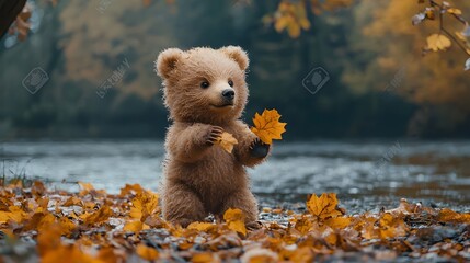 A cute baby bear sits among fallen autumn leaves next to a tranquil river looking curious
