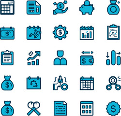 outline icons related to budgeting, estimation. Linear icon collection.