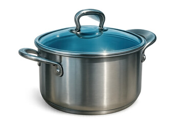 Stainless Steel Cooking Pot with Glass Lid on Transparent Background