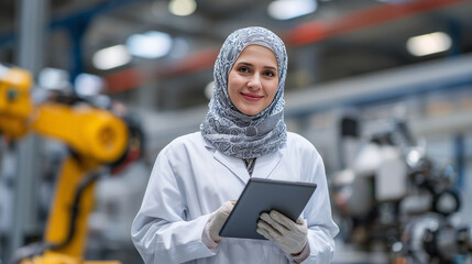 Muslim woman in hijab, lab coat, and safety gear using a digital tablet to inspect automated machinery in a futuristic industrial facility