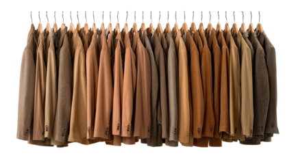 Row of tan blazers hanging on wooden hangers