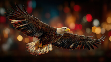 Patriotic scene of an eagle carrying the United States flag among fireworks and glowing lights