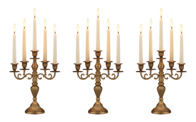 This elegant image presents three identical brass candelabras, each holding five lit candles, arranged in a row against a white background. 
