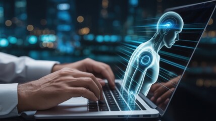 Digital Human Interface: A technological depiction showing a human interacting with a laptop with a superimposed digital human.