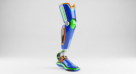 Sleek Futuristic Prosthetic Leg with Vibrant Blue, Green, and Orange Accents