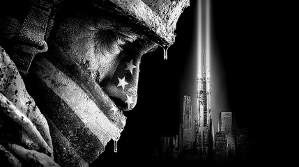 Soldier gazes at city skyline in emotional moment