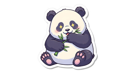 Adorable chubby panda eating bamboo, a cute flying vector character icon for creative design, this isolated flying animal sticker graphic has sparkling eyes
