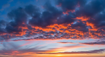 Fototapeta premium Dramatic Vibrant Sunset Sky with Fiery Orange and Deep Blue Clouds – Breathtaking Evening Atmosphere Featuring Rich Colors and Moody Cloudscape Capturing Nature’s Beauty and Serenity