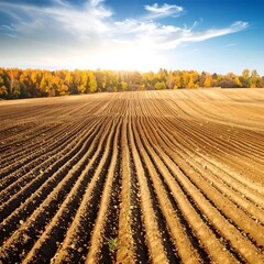 Autumn plowed field under a bright sky