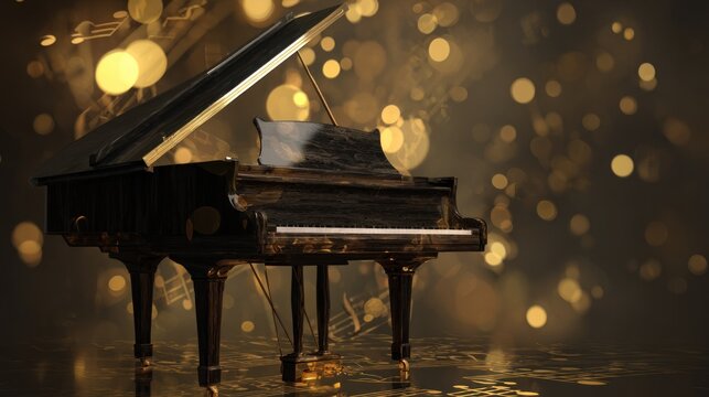Elegant grand piano with bokeh lights, creating a captivating and luxurious atmosphere for a musical performance or concert