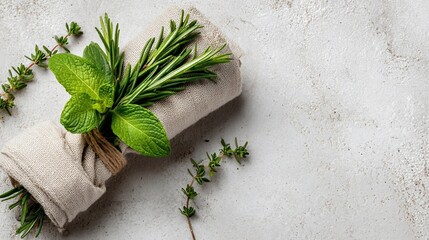 Rolled linen napkin wrapped with herbs on textured white surface