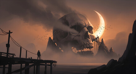 Giant Skull Sunset Landscape Dark Fantasy Art Digital Painting