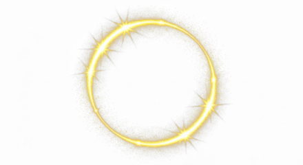 Gold light circle with sparkles, vector magic glow 3d effect. Realistic golden shiny ring or swirl, round frame of flare trail with glitter dust cut out PNG transparent background 