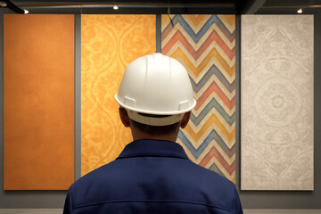 Male Architect or Designer in a Hard Hat Choosing Wall and Floor Tile Samples with Modern Decorative Patterns