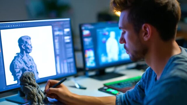 Game design artist sculpting detailed character models using digital sculpting tools with concept art references and texture maps visible on surrounding screens in modern game dev