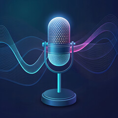 Neon Microphone Icon Vintage Style with Glowing Sound Waves for Audio and Podcasting