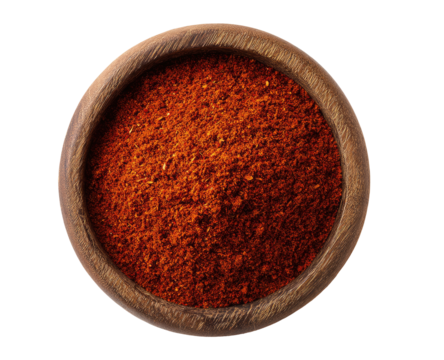 Red spice blend in wooden bowl.  Top down view