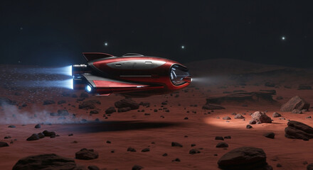 Sleek Red and Silver Spaceship Navigates Rocky Martian Landscape Under Starry Night Sky
