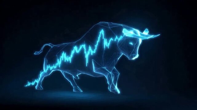 Blue Bull of Prosperity: A modern, digital representation of a charging bull, aglow with electric blue lines that illustrate the fluctuations of financial markets.