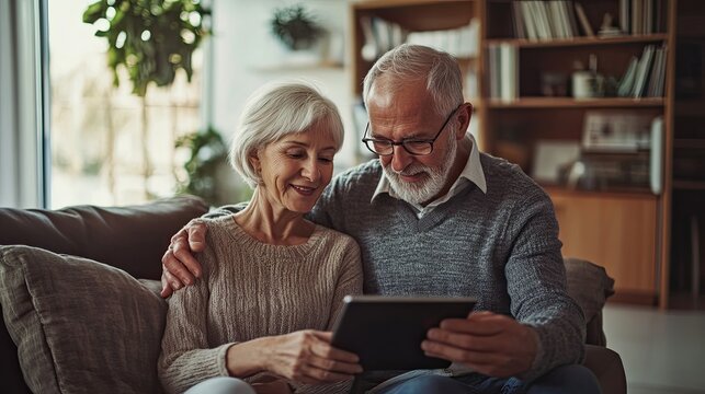 Smiling senior couple using a digital tablet on the couch together