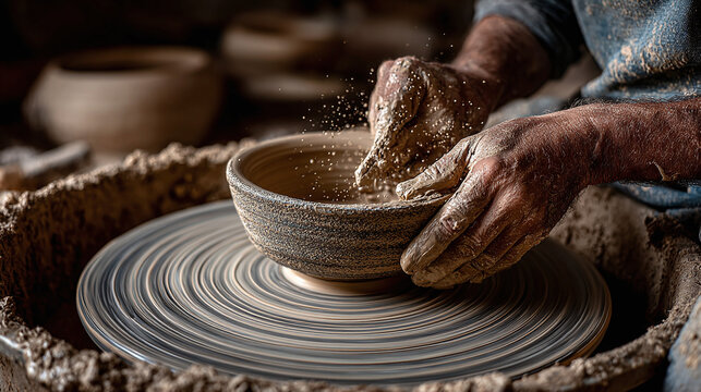 hands shaping clay bowl on potters wheel demonstrating pottery making skill focus artist dedication smooth wet clay craftsmanship creativity workshop manual concept