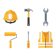 Collection of construction tools and safety equipment, including a hard hat, hammer, wrench, paint roller, screwdriver, and safety vest.