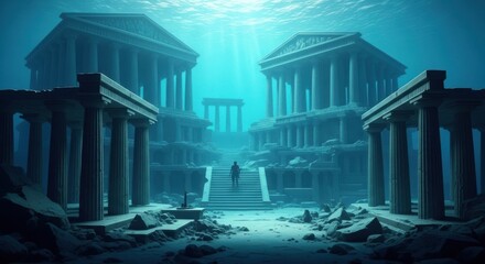 Fototapeta premium Ancient Underwater City With Majestic Architecture Under Blue Water