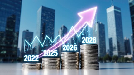 Stacks of silver coins arranged in increasing height from left to right, each stack labeled with year gradually increasing against blurred city background