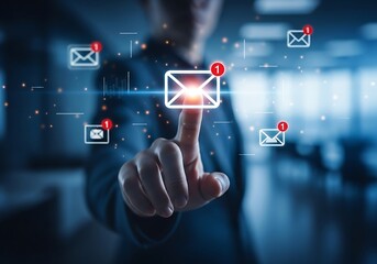 Person interacting with digital email notifications and communication icons