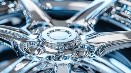 Close-up view of a shiny alloy wheel showcasing intricate details and reflections in natural light
