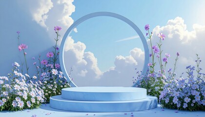 Idyllic scene with platform, flowers, and sky suggesting product display or nature's beauty
