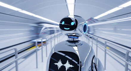 Smiling Chrome Robot in Futuristic Subway with Blurred Train Motion