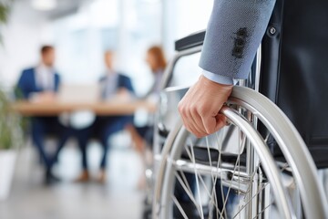 Businessman hand on wheelchair in office setting representing workplace diversity equality disability inclusion and corporate environment
