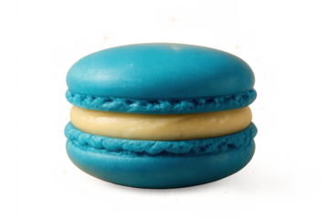 Single blue macaron with cream filling on transparent background