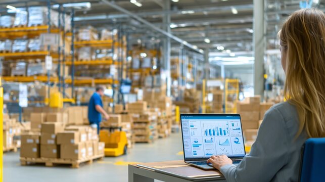 Warehouse management. Businesswoman using laptop with analytics dashboard overseeing warehouse logistics supply chain operations and inventory management technology. 