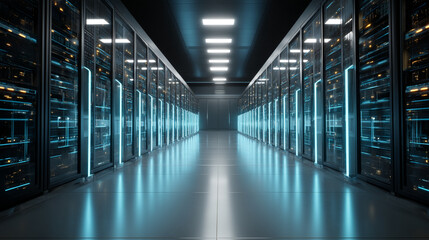 Fototapeta premium A long server room hallway with rows of servers and blue lights illuminating the space evenly