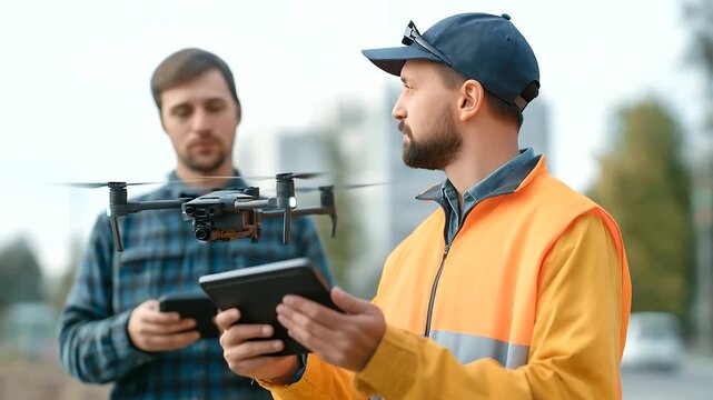 Civil engineers operating drone survey equipment and analyzing photogrammetry data on tablets mapping construction progress with AI powered monitoring systems and precision