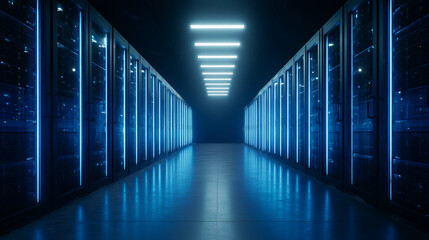 A server room with rows of data servers and bright blue neon lights illuminating the dark space