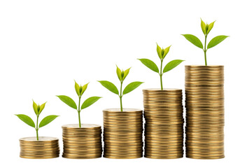 Stacks of coins with plants growing, isolated on transparent background