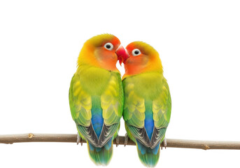 Obraz premium Two adorable fischer s lovebirds perched together on a branch isolated on transparent background