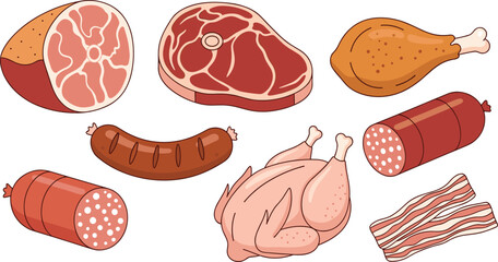 Meat products set, ham, steak, bacon, sausage, drumstick, raw chicken, food icons, flat vector, silhouette, cad drawing